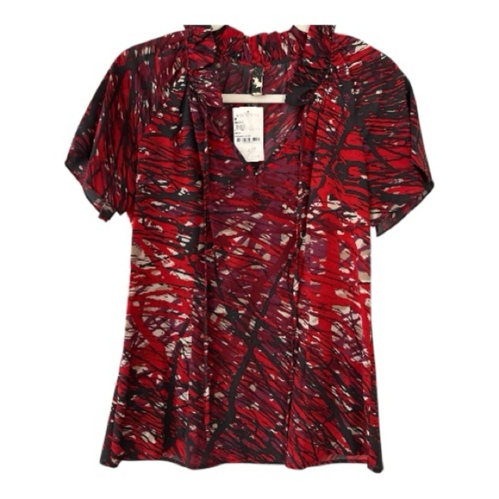 MIA VIA Silk top, sz Medium, red geometric design, flutter sleeves,ruffle collar